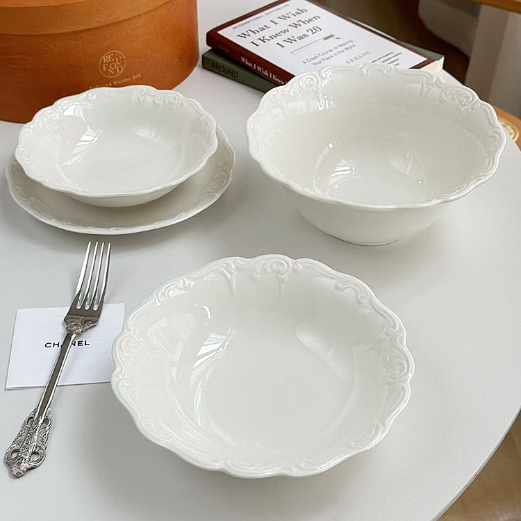 安木良品 外贸原单 法式复古精致浮雕高温陶瓷西餐盘沙拉点心汤碗