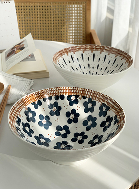 安木良品 大厂订单 日式ins田园小花朵藤编8英寸陶瓷大面碗螺纹碗