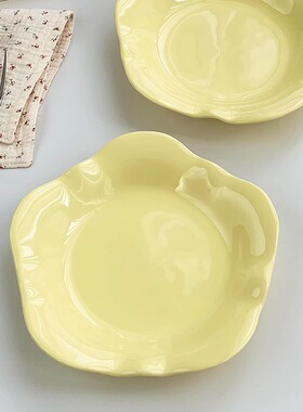 安木良品 大厂订单 韩国ins风奶黄色花型陶瓷餐菜盘子家用碟子