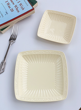 安木良品 外贸出口 法式复古奶黄色浮雕陶瓷水果点心小菜方型碟盘