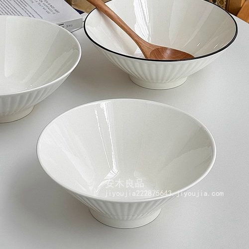 安木良品 大厂订单 日式ins简约质感条纹浮雕陶瓷汤拉面斗笠大碗