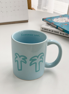 安木良品 大厂订单 韩国ins夏季清新蓝色椰树涂鸦陶瓷杯子马克杯