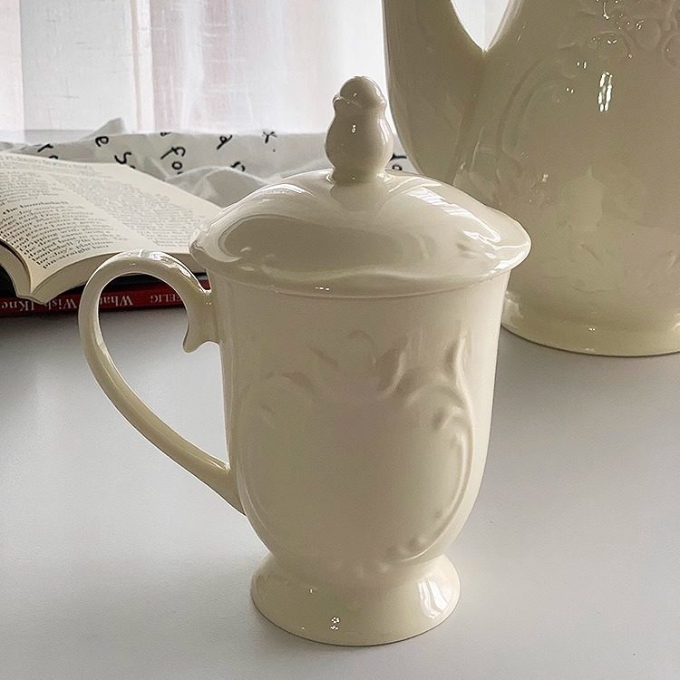 安木良品 外贸原单 法式中古老货奶油黄精致浮雕陶瓷带盖杯大茶壶,餐饮具,茶壶,淘宝优惠券,粉丝福利购,淘宝优惠卷