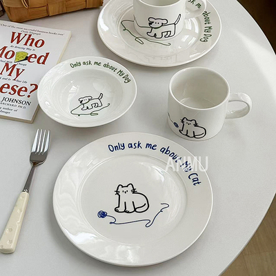 安木良品 韩国ins风可爱猫狗字母涂鸦陶瓷咖啡杯早餐点心碗碟盘子
