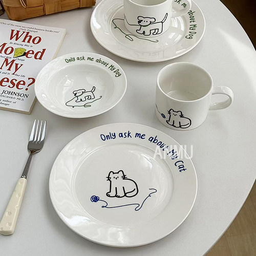 安木良品 韩国ins风可爱猫狗字母涂鸦陶瓷咖啡杯早餐点心碗碟盘子