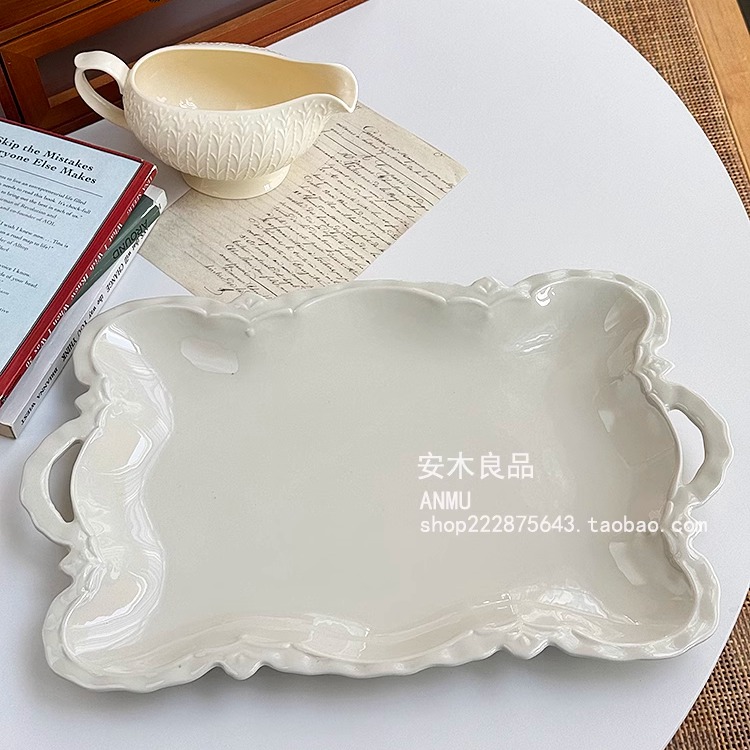 安木良品 出口订单 法式复古高级重工浮雕边高温陶瓷果盘大菜盘子