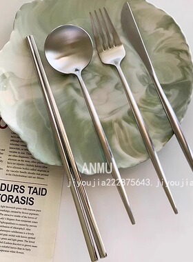 安木良品 外贸原单 ins轻奢哑光拉丝304不锈钢餐具刀子叉勺子筷子