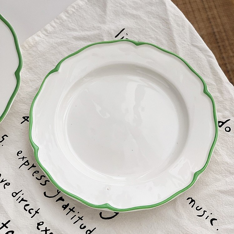 外贸出口陶瓷描绿花边鱼盘西餐盘