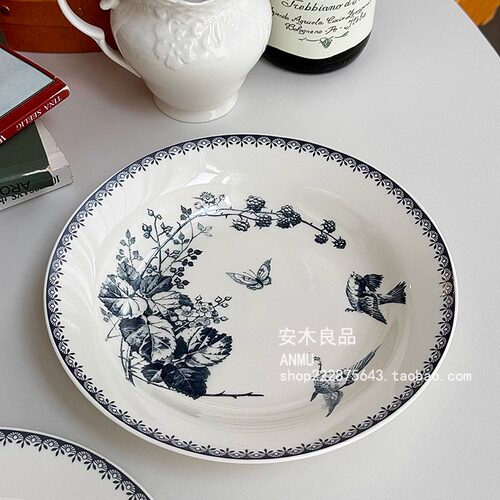 安木良品 外贸出口 法式ins中古风花鸟图陶瓷西餐草帽汤盘菜盘子