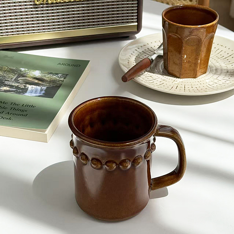 安木良品 外贸原单 法式ins风高级感焦糖色陶瓷咖啡手握杯马克杯