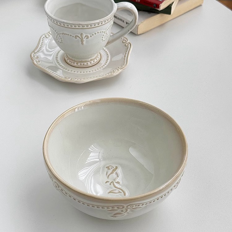 安木良品 外贸原单 法式复古高级感浮雕陶瓷下午茶咖啡杯碟汤面碗