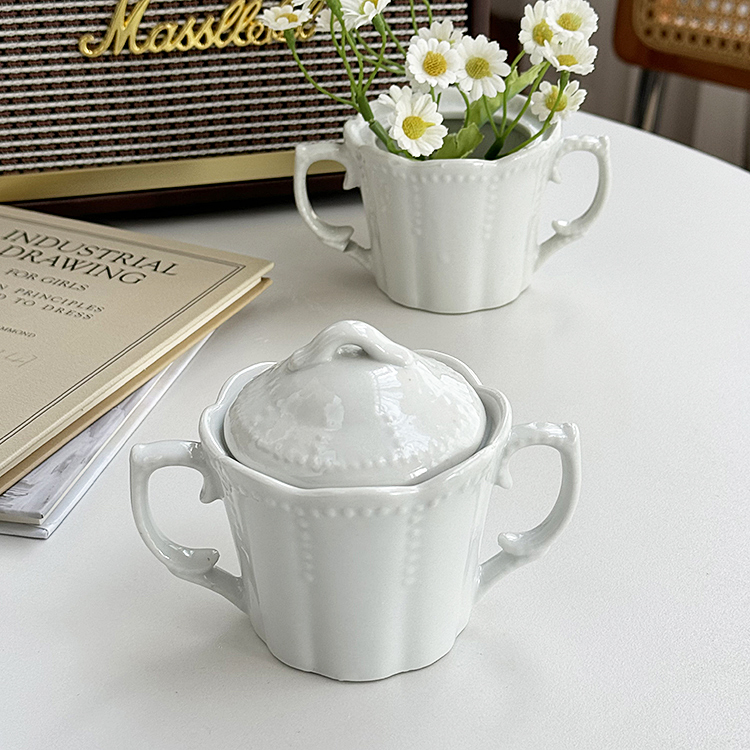 安木良品 外贸出口 田园中古风珠点浮雕高温陶瓷置物带盖茶叶糖罐