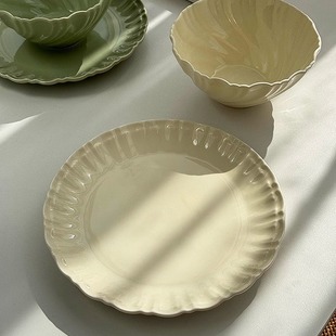 大厂订单 安木良品 唯美ins奶油豆蔻绿百褶边高温陶瓷餐具碗菜盘