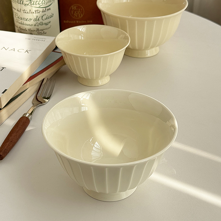 安木良品 外贸出口 北欧ins极简质感线条浮雕奶黄色陶瓷汤面饭碗