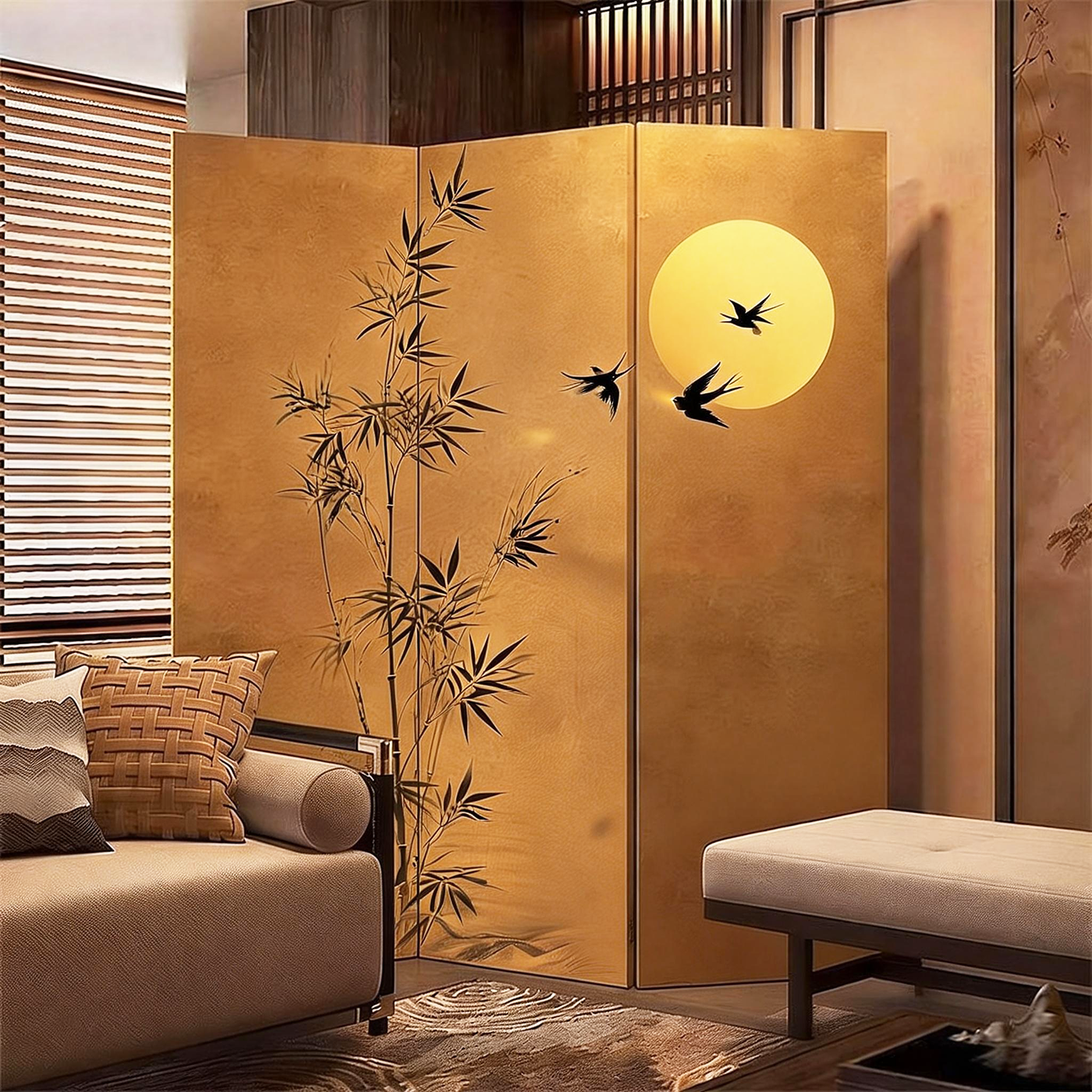 新中式屏风隔断客厅书房茶室隔断可定制手绘山水竹月图案