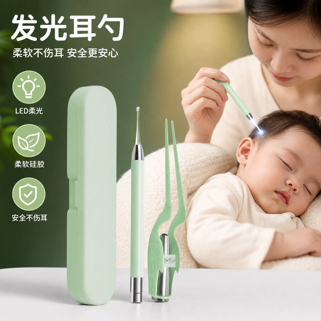 发光挖耳勺套装掏耳朵神器带灯可视工具少儿专用宝宝镊子硅胶专业