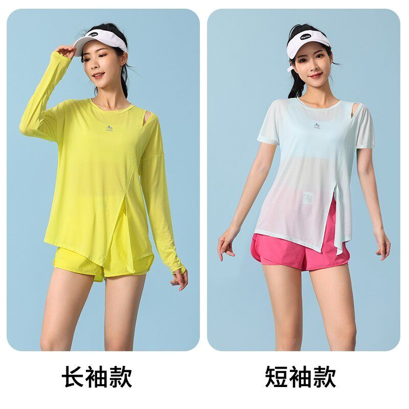 T恤跑步罩衫运动女夏透气休闲宽松开叉防晒上衣速干