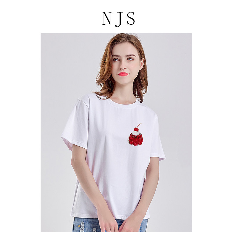 NJS短袖T恤女夏白色2022新款甜点印花宽松棉减龄洋气舒适显瘦上衣