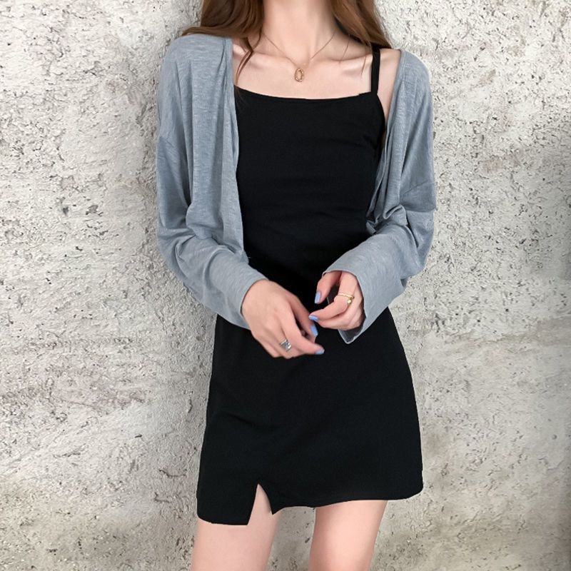 特价版淘宝断码品牌女装夏季新款套装女2023网红时尚休闲开叉吊带连衣裙+防晒开衫两件套限时秒杀