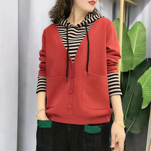 【棉】特价清仓处理条纹拼接假两件连帽卫衣女秋季2022新款时尚减