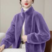 洋气百搭开衫 高档仿水貂绒短外套2024秋冬款 保暖休闲时尚 立领上衣