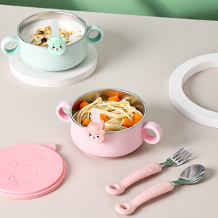 新款 婴儿辅食研磨碗儿童316不锈钢碗吃饭勺子专用碗带吸盘吸管碗