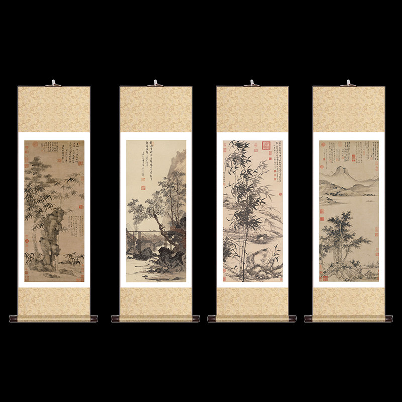 卷轴挂画山水国画装饰画新中式免装裱卷轴客厅卧室书房古画挂画竖