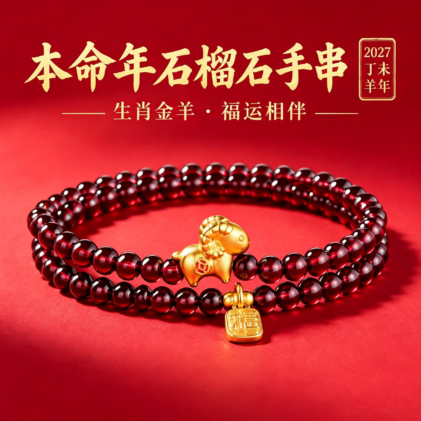 2027羊年本命年手链女款招财转运生肖羊石榴石补火红水晶手串叠戴