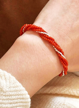 南红碎银招财好运纯银手链