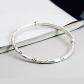 999足银不褪色复古花磨砂素圈铃铛古法纯银推拉式 可调手镯手环女