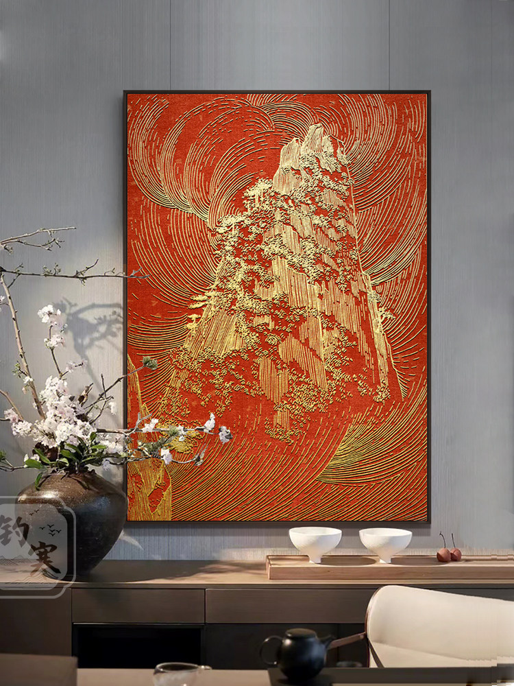 新中国风背峰浮雕餐厅装修画红色入口过道挂画立体客厅背景墙壁画