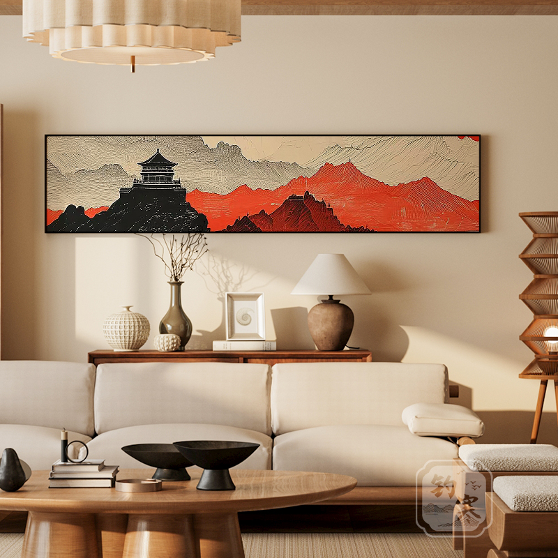 新中式玄关茶室山水建筑艺术横版长条挂画酒店民宿餐厅背景装饰画
