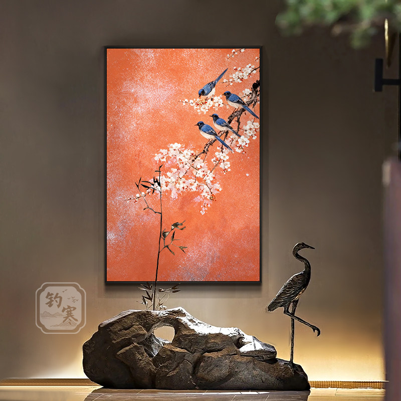 新中式喜上枝头古典红色复古轻奢玄关客厅装饰画壁画竖版大幅挂画