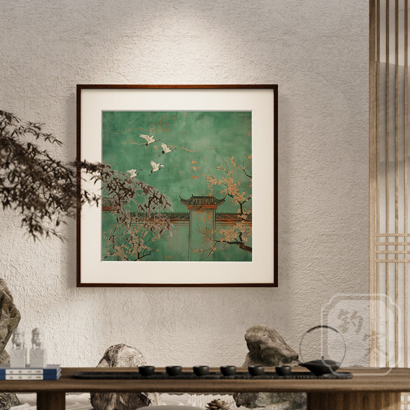 新中式民宿酒店绿色飞鸟建筑桃花装饰画画客厅沙发背景墙方形挂画