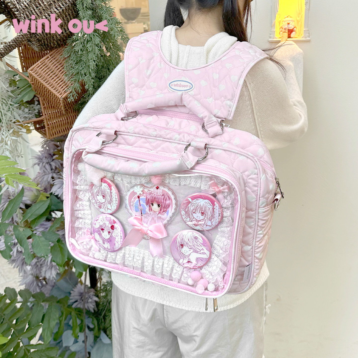 winkouv日常款双肩痛包斜挎包包20cm娃包大容量书包粉色可爱背包,箱包皮具/热销女包/男包,痛包,淘宝优惠券,粉丝福利购,淘宝优惠卷
