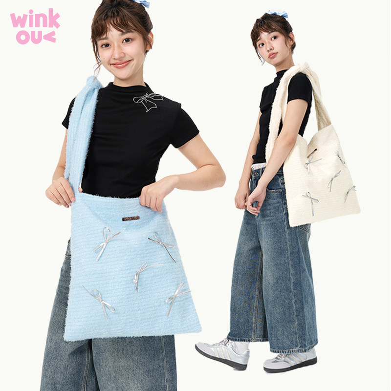 winkouv 新款冬季毛绒包包女帆布单肩斜挎包秋冬托特包可爱毛毛包