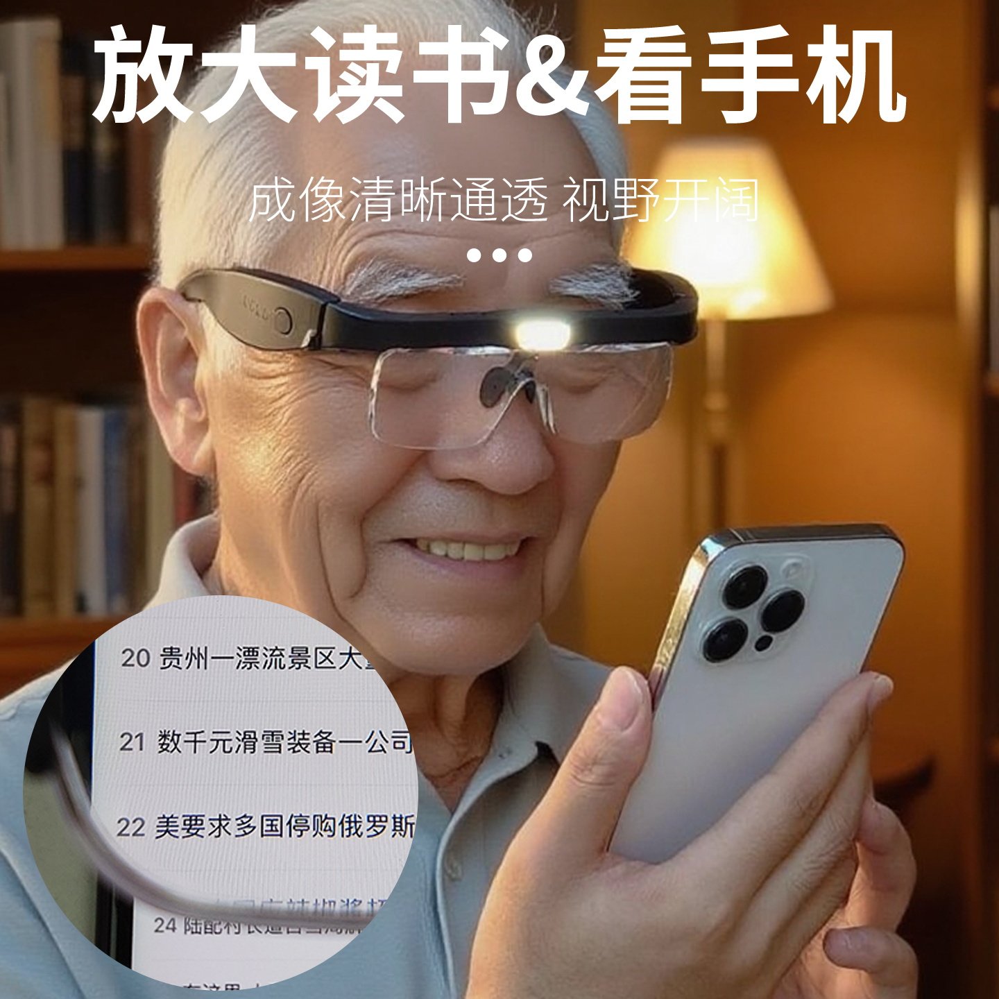 拜斯特高清带灯充电款老人阅读看书便携眼镜式家用放大镜