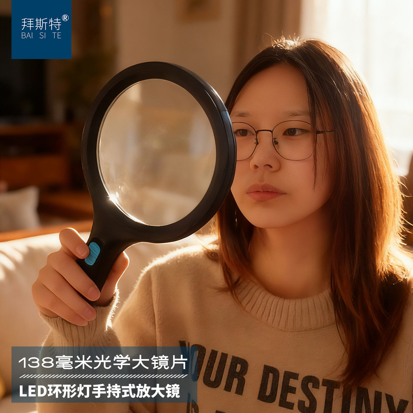 拜斯特放大镜138mm大镜片手持式12个LED灯防滑手柄老人阅读便携式