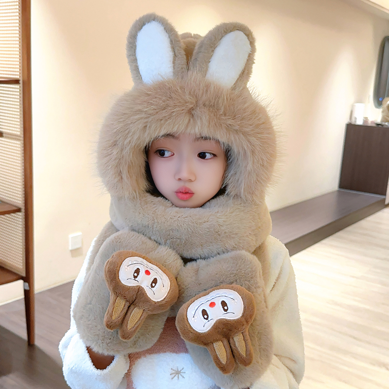 儿童帽子手套围脖三件一体毛绒帽