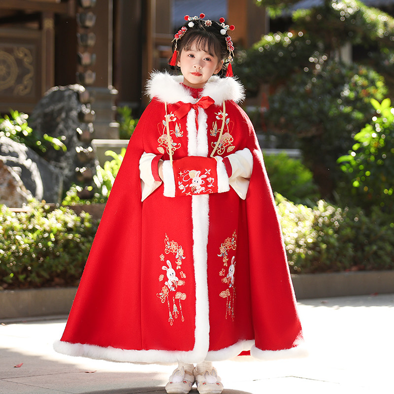 2025新款儿童汉服披风女童斗篷拜年服过年演出服装加绒加厚秋冬款