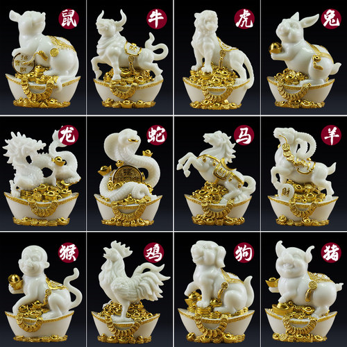 招财12十二生肖摆件汉白玉铜鼠牛虎兔龙马羊鸡狗猪家居工艺装饰品
