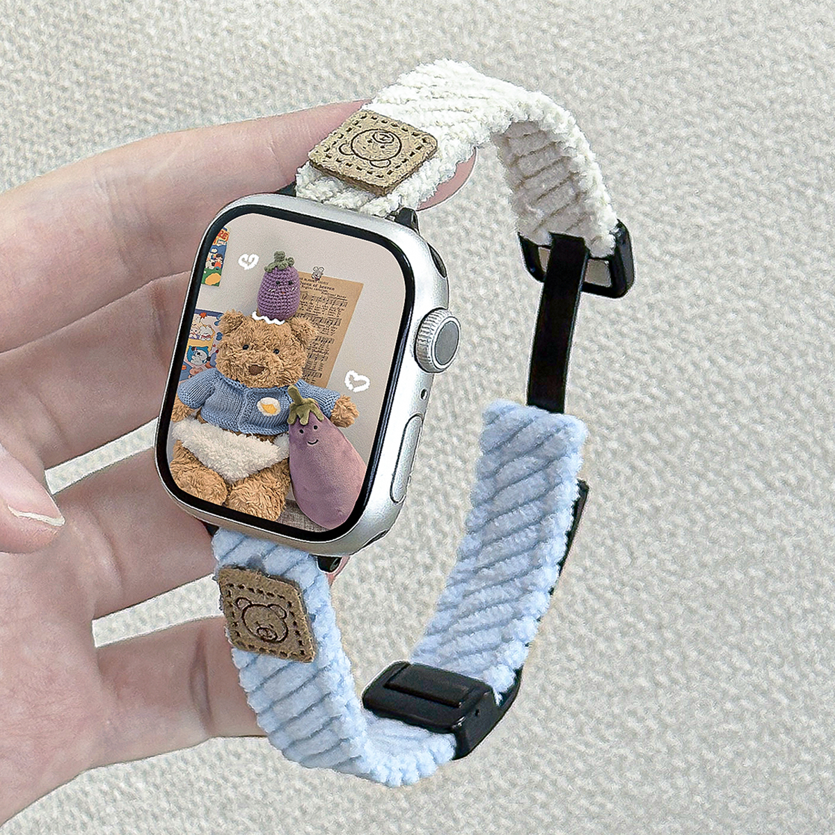 适用iWatch灯芯绒小熊磁吸皮表带