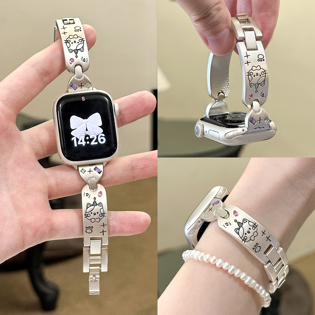 适用iWatch彩钻礼帽猫咪手镯表带
