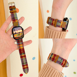 适用applewatchS11彩色烫印毛呢格皮表带iWatch10/9/8/7/6苹果手8SE女秋冬复古小众彩虹格纹韩系皮质表链腕带