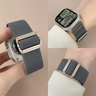适用苹果手表ultra工装尼龙机械方扣表带applewatchS11/10/9/8/7运动iWatchSE回环编织透气舒适弹力腕带男女