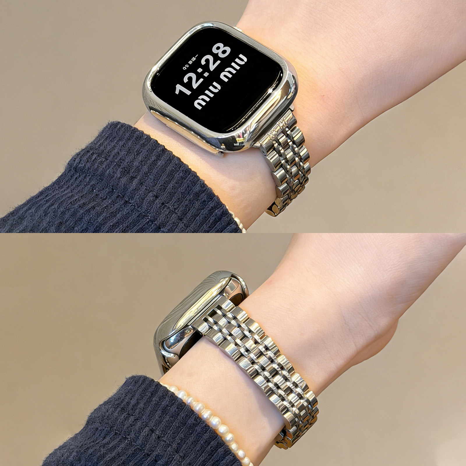 【质感七珠】适用苹果手表S11蝴蝶扣纤细金属表带applewatch10小蛮腰不锈钢腕带iwatch9/8/7高级感SE套装女夏