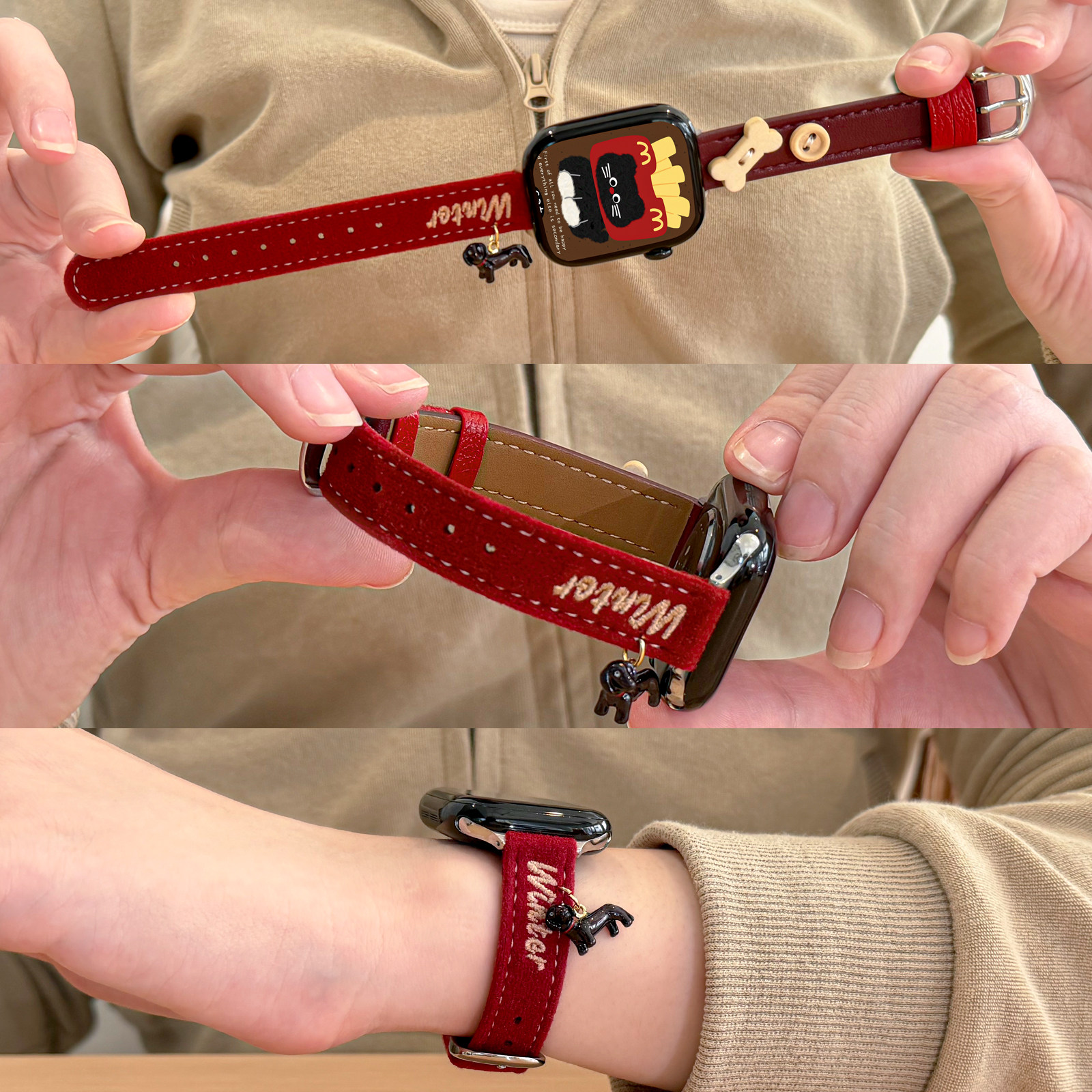适用苹果手表细款纽扣刺绣毛呢拼皮表带applewatch11/10/9/8可爱立体腊肠狗吊坠彩虹皮腕带iWatch高级ultra女