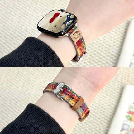 适用applewatchS11毛呢彩虹细款皮表带韩系彩色kitty猫格纹iWatch9/8/7/6苹果手表S10复古秋冬小蛮腰皮腕带女