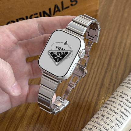 适用applewatchS11竹节蝴蝶扣小方块表带iWatchS10/9苹果手表金属表带SE8/7/6/54不锈钢高级百搭小蛮腰表带夏