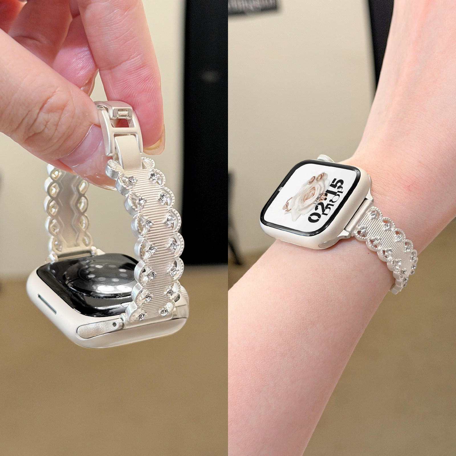 适用applewatchS11闪钻蕾丝花边金属细表带iWatch10/9/8新款ins小香风不锈钢苹果手表SE质感女款细手镯腕带夏